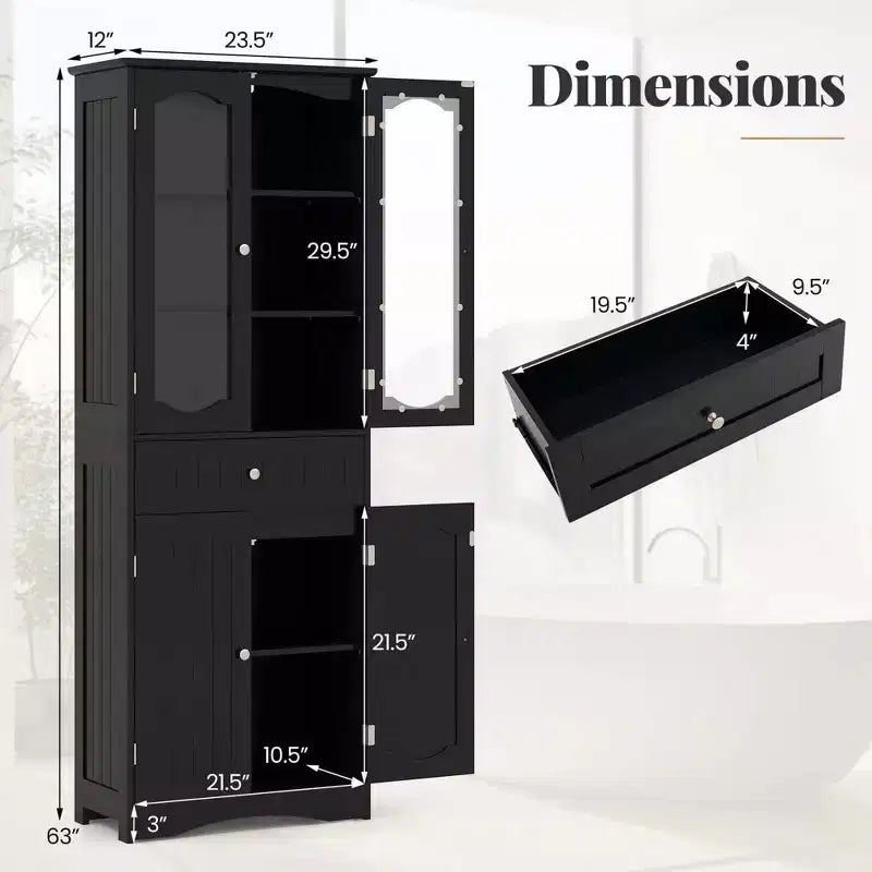 Meuble de salle de bain Costway de 160 cm de haut avec portes en verre trempé, étagères réglables, grand tiroir blanc/noir