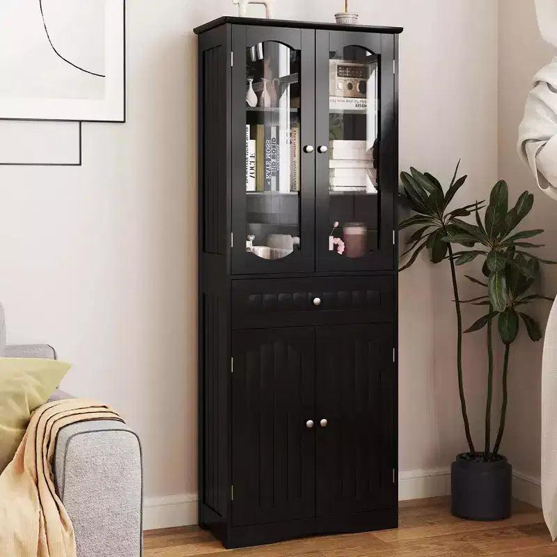 Meuble de salle de bain Costway de 160 cm de haut avec portes en verre trempé, étagères réglables, grand tiroir blanc/noir