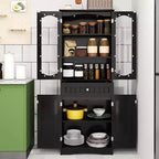 Meuble de salle de bain Costway de 160 cm de haut avec portes en verre trempé, étagères réglables, grand tiroir blanc/noir