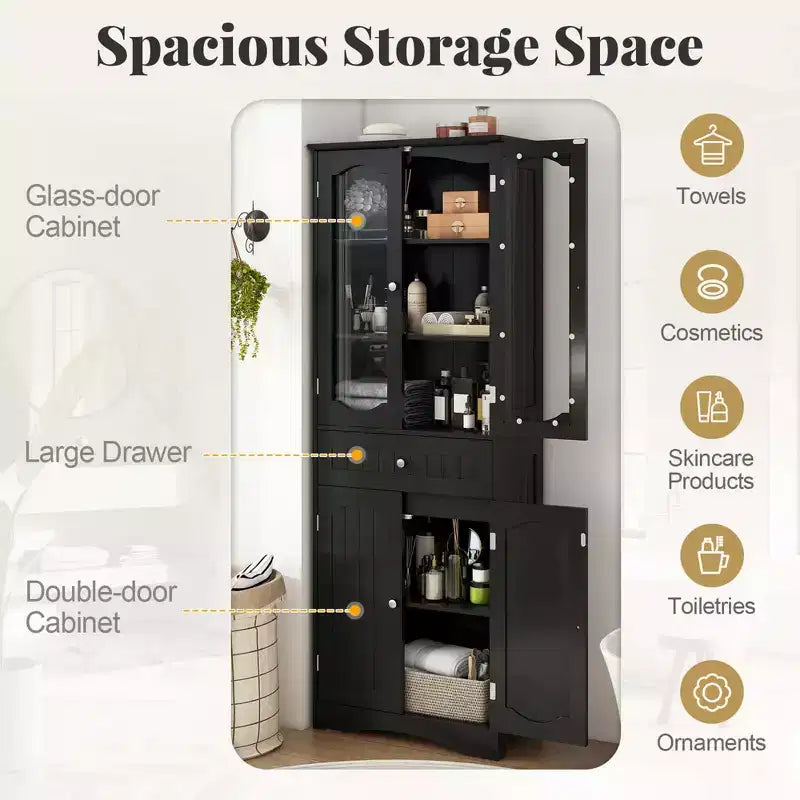Meuble de salle de bain Costway de 160 cm de haut avec portes en verre trempé, étagères réglables, grand tiroir blanc/noir