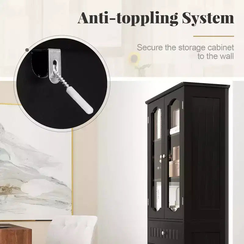 Meuble de salle de bain Costway de 160 cm de haut avec portes en verre trempé, étagères réglables, grand tiroir blanc/noir