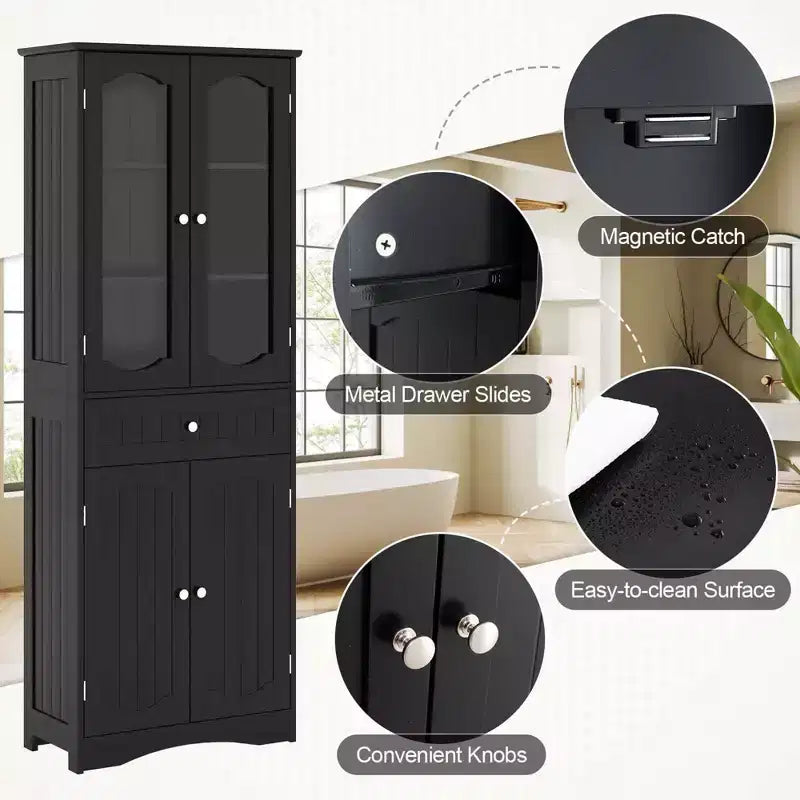Meuble de salle de bain Costway de 160 cm de haut avec portes en verre trempé, étagères réglables, grand tiroir blanc/noir