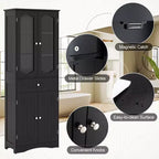 Meuble de salle de bain Costway de 160 cm de haut avec portes en verre trempé, étagères réglables, grand tiroir blanc/noir