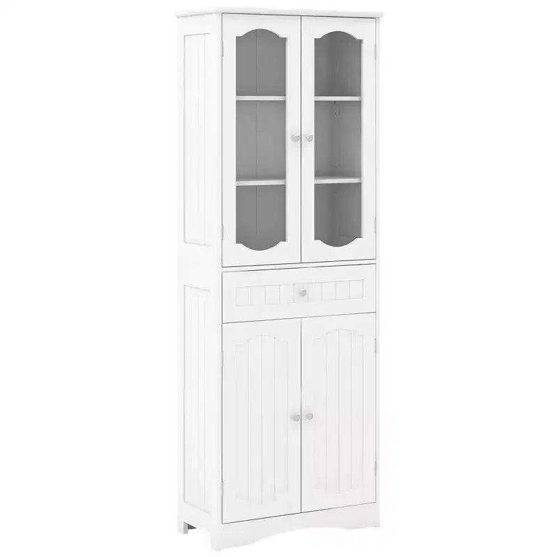 Meuble de salle de bain Costway de 160 cm de haut avec portes en verre trempé, étagères réglables, grand tiroir blanc/noir