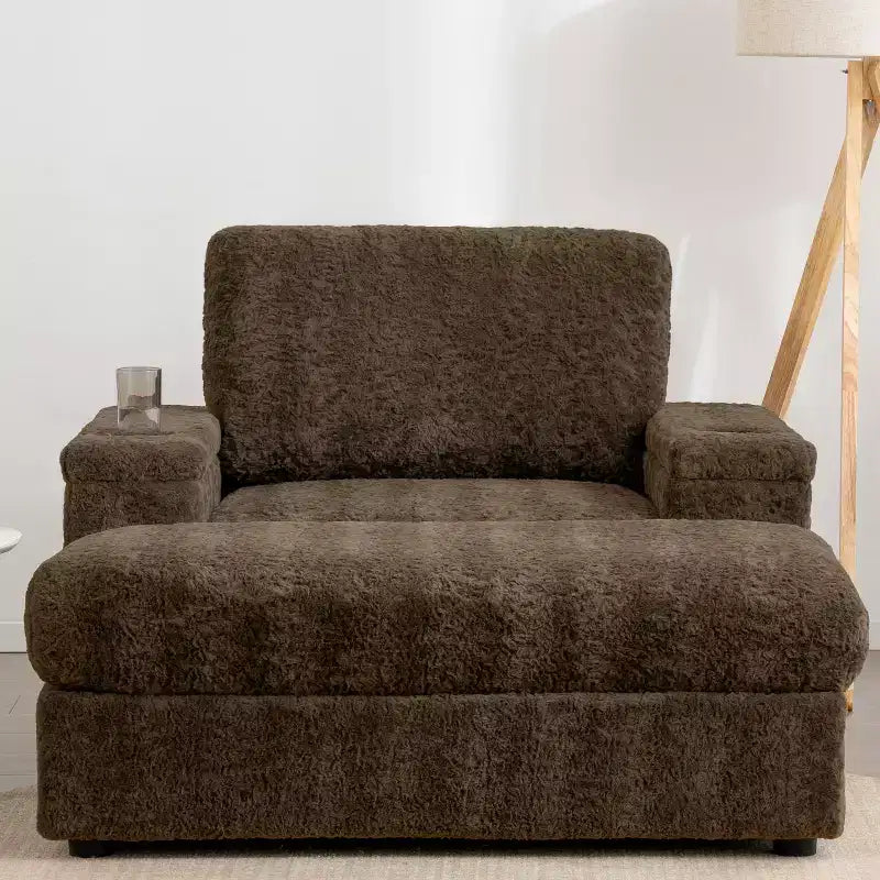 Chauffeuse surdimensionnée en fausse fourrure de lapin Whisen avec pouf de rangement et accoudoirs, canapé-lit rembourré avec porte-gobelets