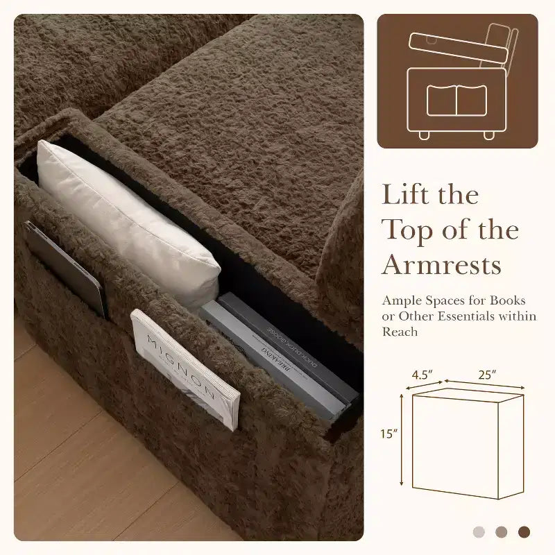 Chauffeuse surdimensionnée en fausse fourrure de lapin Whisen avec pouf de rangement et accoudoirs, canapé-lit rembourré avec porte-gobelets