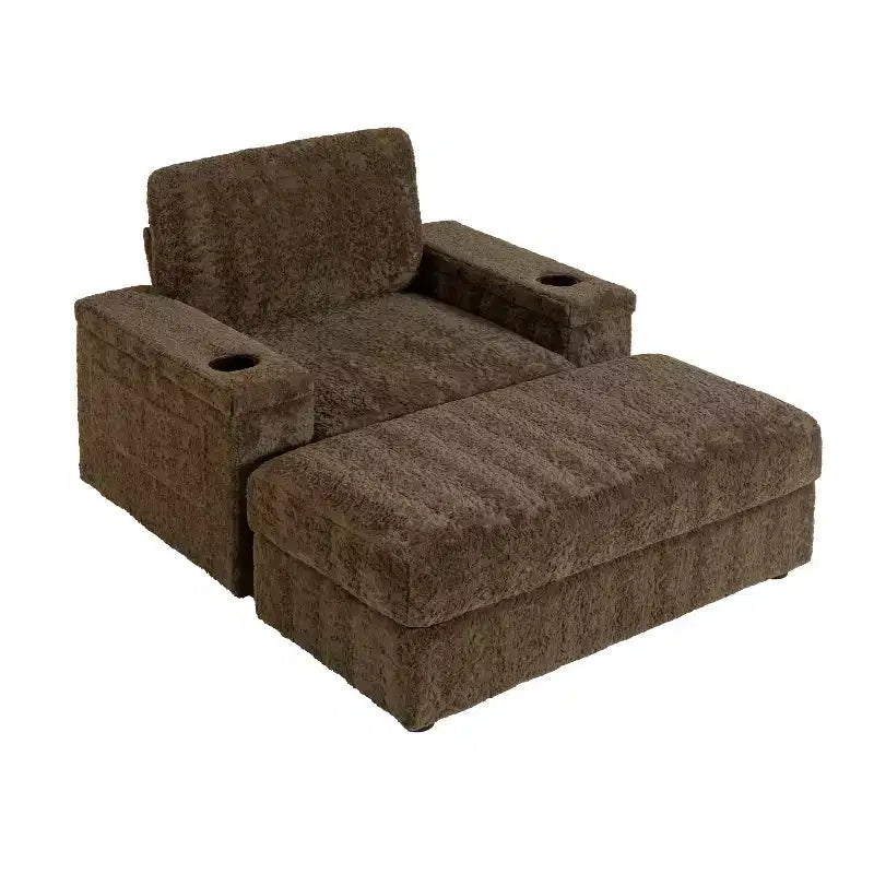 Chauffeuse surdimensionnée en fausse fourrure de lapin Whisen avec pouf de rangement et accoudoirs, canapé-lit rembourré avec porte-gobelets