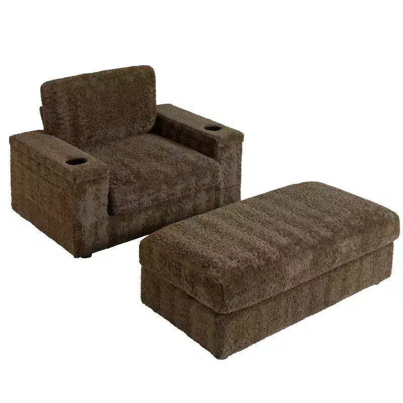 Chauffeuse surdimensionnée en fausse fourrure de lapin Whisen avec pouf de rangement et accoudoirs, canapé-lit rembourré avec porte-gobelets