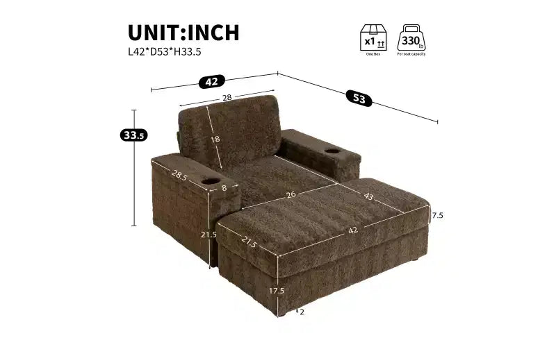 Chauffeuse surdimensionnée en fausse fourrure de lapin Whisen avec pouf de rangement et accoudoirs, canapé-lit rembourré avec porte-gobelets
