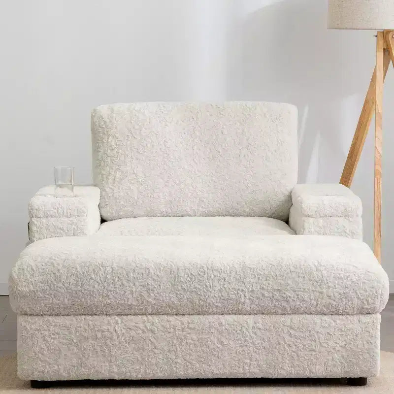 Chauffeuse surdimensionnée en fausse fourrure de lapin Whisen avec pouf de rangement et accoudoirs, canapé-lit rembourré avec porte-gobelets