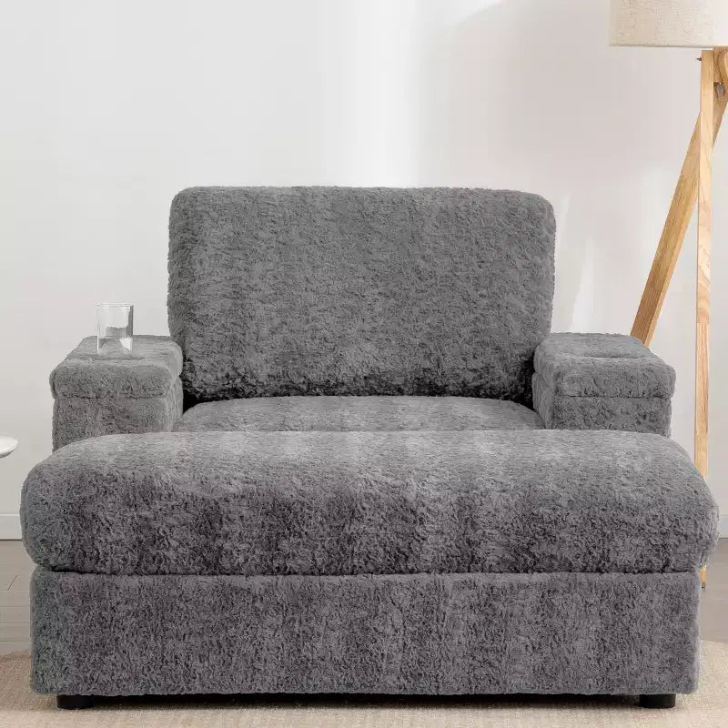 Chauffeuse surdimensionnée en fausse fourrure de lapin Whisen avec pouf de rangement et accoudoirs, canapé-lit rembourré avec porte-gobelets