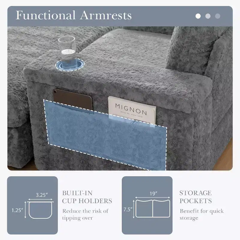 Chauffeuse surdimensionnée en fausse fourrure de lapin Whisen avec pouf de rangement et accoudoirs, canapé-lit rembourré avec porte-gobelets