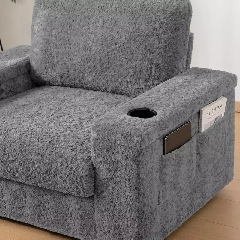 Chauffeuse surdimensionnée en fausse fourrure de lapin Whisen avec pouf de rangement et accoudoirs, canapé-lit rembourré avec porte-gobelets