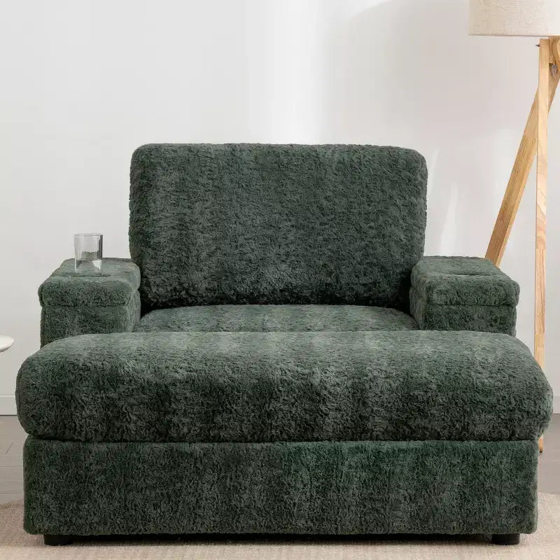 Chauffeuse surdimensionnée en fausse fourrure de lapin Whisen avec pouf de rangement et accoudoirs, canapé-lit rembourré avec porte-gobelets