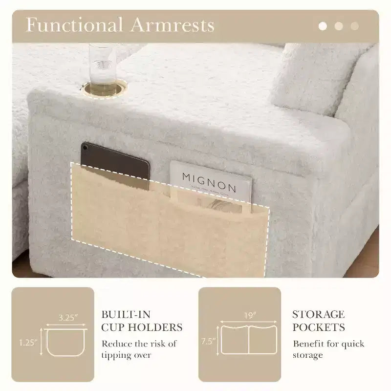 Chauffeuse surdimensionnée en fausse fourrure de lapin Whisen avec pouf de rangement et accoudoirs, canapé-lit rembourré avec porte-gobelets