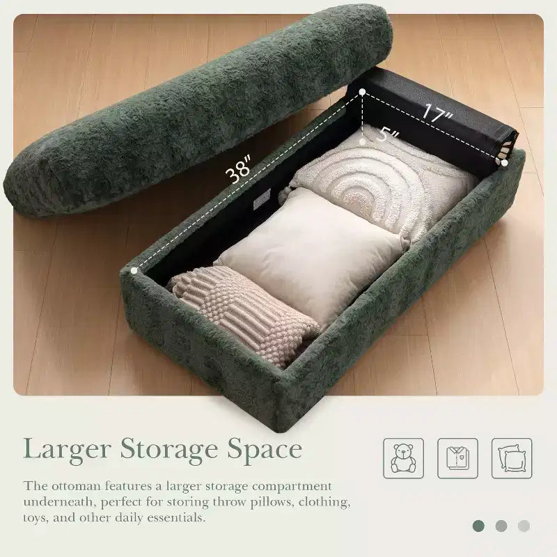 Chauffeuse surdimensionnée en fausse fourrure de lapin Whisen avec pouf de rangement et accoudoirs, canapé-lit rembourré avec porte-gobelets