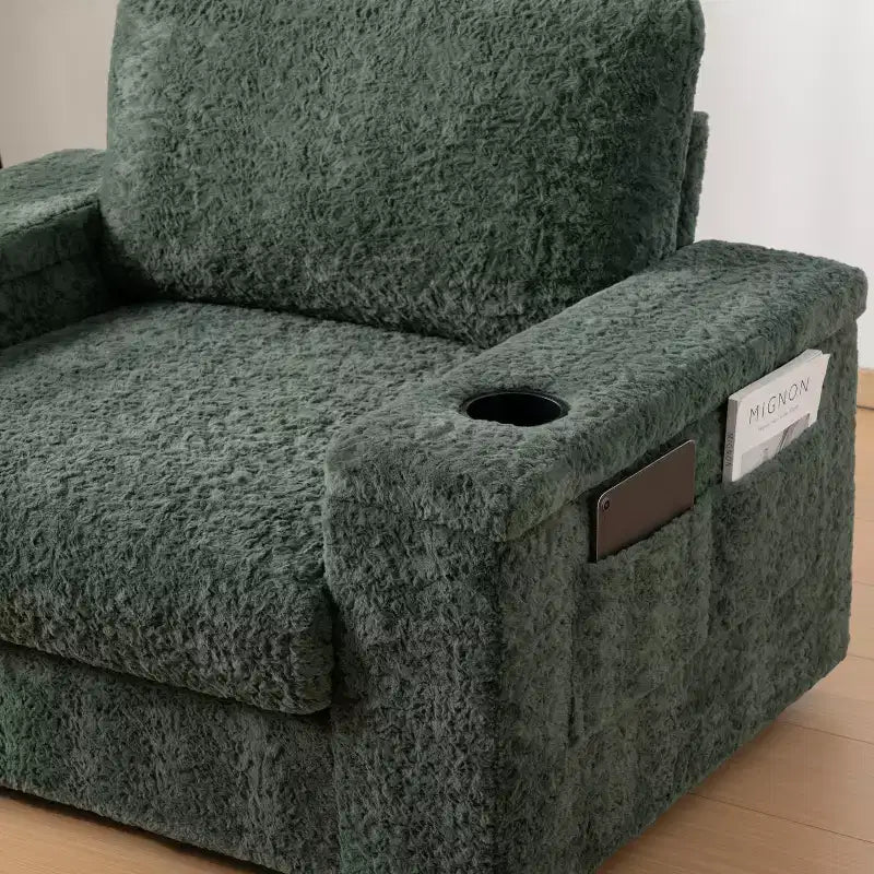 Chauffeuse surdimensionnée en fausse fourrure de lapin Whisen avec pouf de rangement et accoudoirs, canapé-lit rembourré avec porte-gobelets