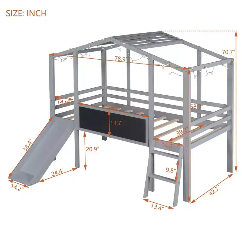 Lit superposé mi-hauteur Whisen 78.9L x 72.7W avec échelle et toboggan, avec tableau noir et bande lumineuse sur le toit