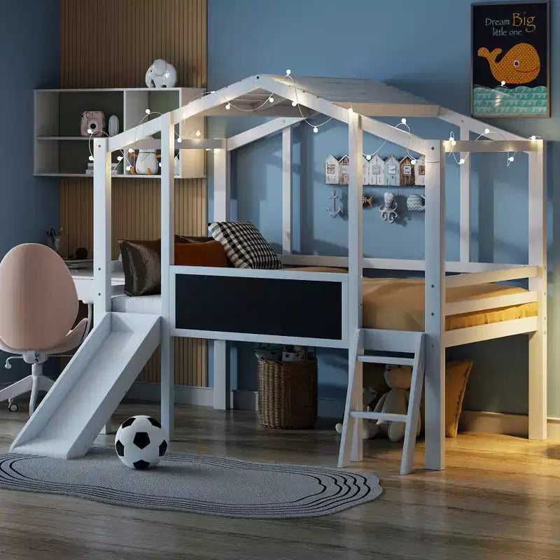 Lit superposé mi-hauteur Whisen 78.9L x 72.7W avec échelle et toboggan, avec tableau noir et bande lumineuse sur le toit