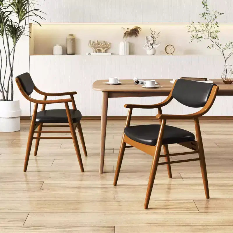 Costway Lot de 2 chaises de salle à manger en cuir PU avec assise et dossier rembourrés, accoudoirs, cadre en bois de caoutchouc Noir/Marron