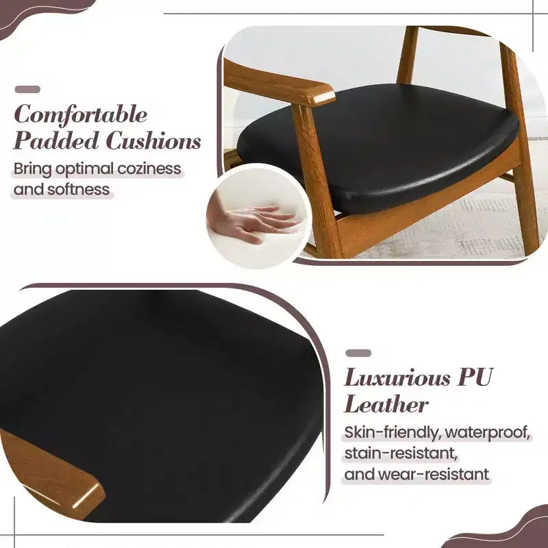Costway Lot de 2 chaises de salle à manger en cuir PU avec assise et dossier rembourrés, accoudoirs, cadre en bois de caoutchouc Noir/Marron