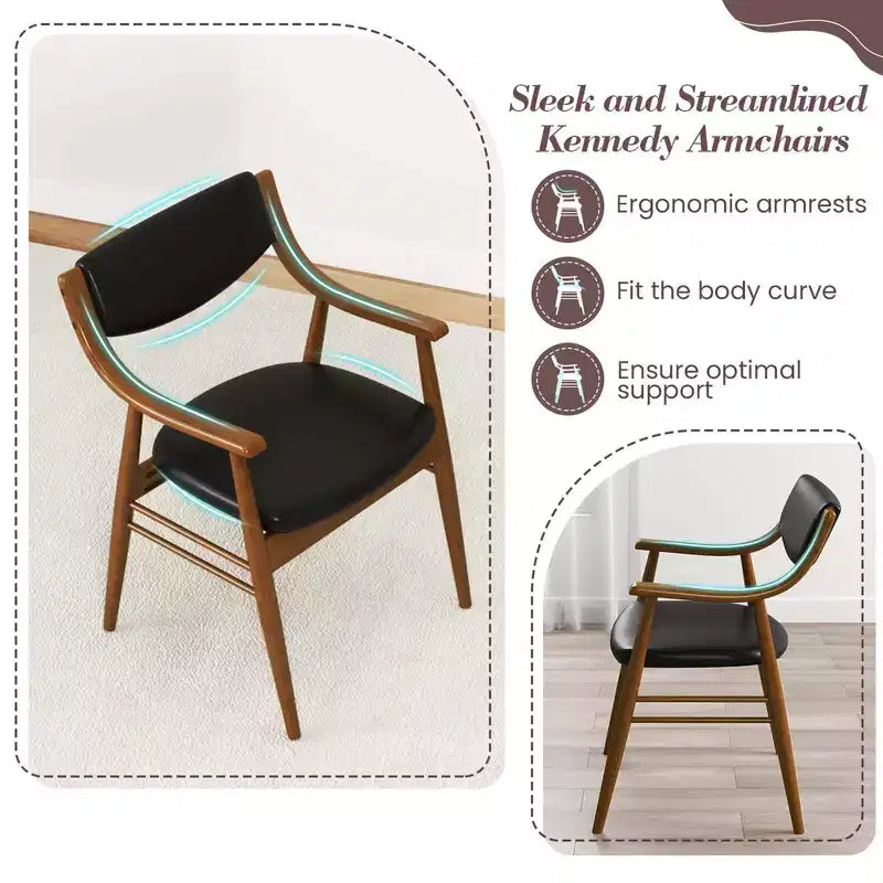 Costway Lot de 2 chaises de salle à manger en cuir PU avec assise et dossier rembourrés, accoudoirs, cadre en bois de caoutchouc Noir/Marron
