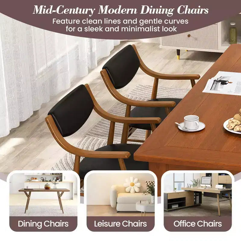 Costway Lot de 2 chaises de salle à manger en cuir PU avec assise et dossier rembourrés, accoudoirs, cadre en bois de caoutchouc Noir/Marron
