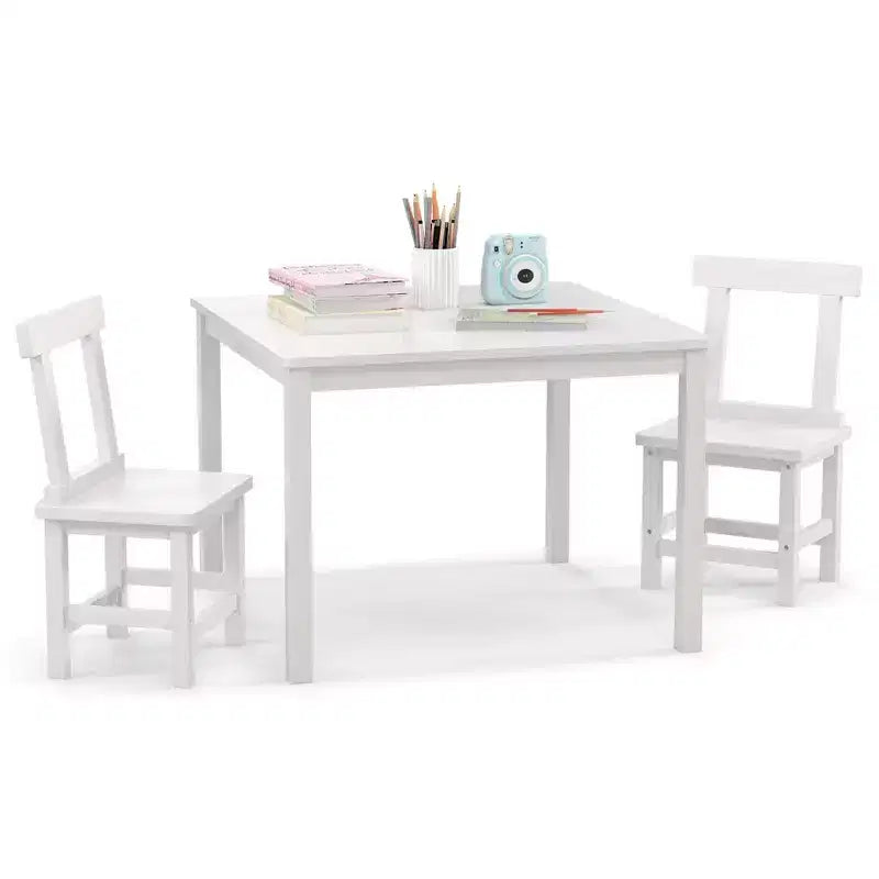 Costway Ensemble table et 2 chaises pour enfants en bois avec pieds en bois de caoutchouc, patins antidérapants Blanc/Gris