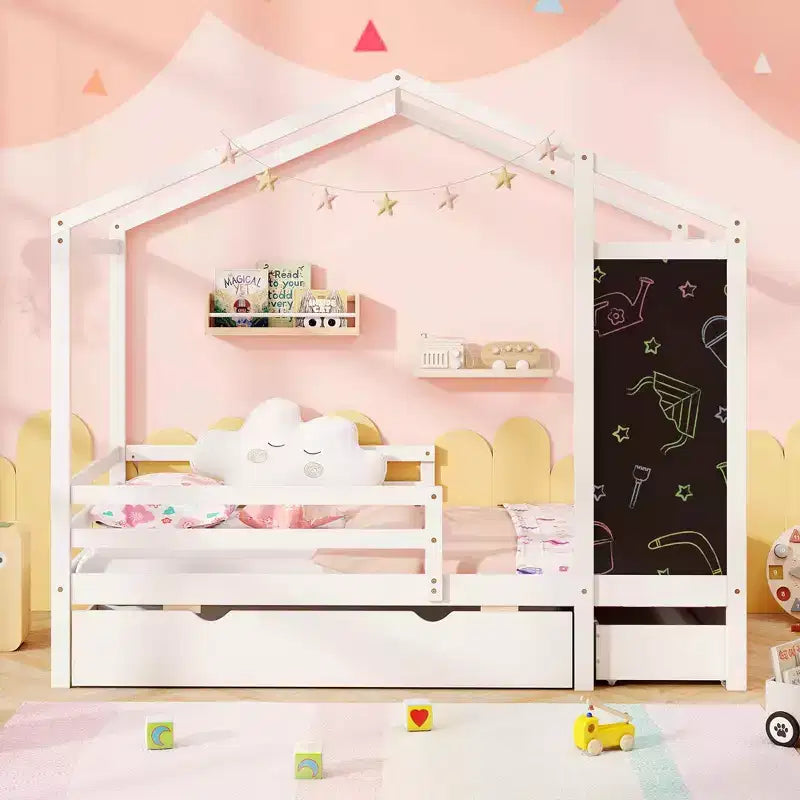 Lit cabane double Costway avec 2 tiroirs de rangement Lit plateforme en bois massif avec tableau noir Blanc/Gris