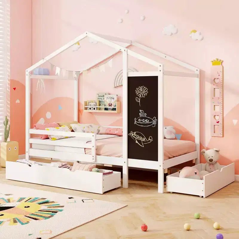 Lit cabane double Costway avec 2 tiroirs de rangement Lit plateforme en bois massif avec tableau noir Blanc/Gris