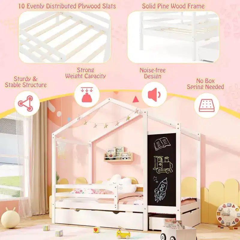 Lit cabane double Costway avec 2 tiroirs de rangement Lit plateforme en bois massif avec tableau noir Blanc/Gris