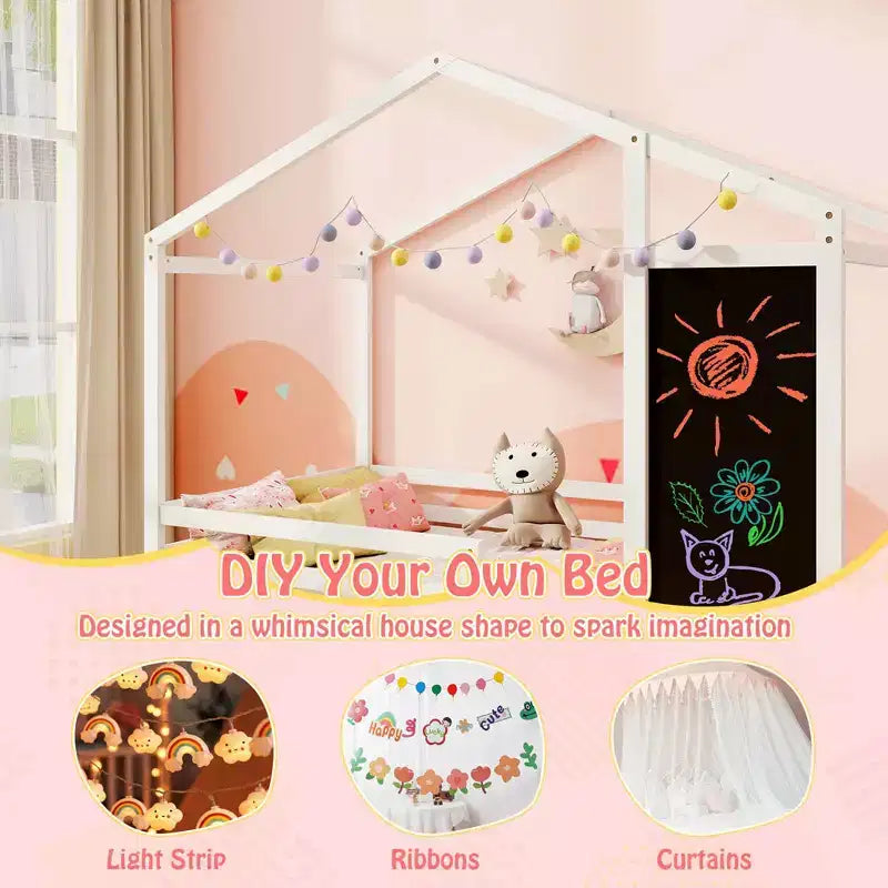 Lit cabane double Costway avec 2 tiroirs de rangement Lit plateforme en bois massif avec tableau noir Blanc/Gris