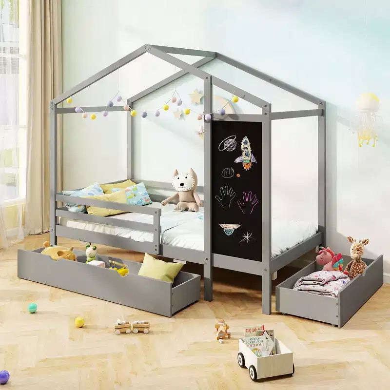 Lit cabane double Costway avec 2 tiroirs de rangement Lit plateforme en bois massif avec tableau noir Blanc/Gris
