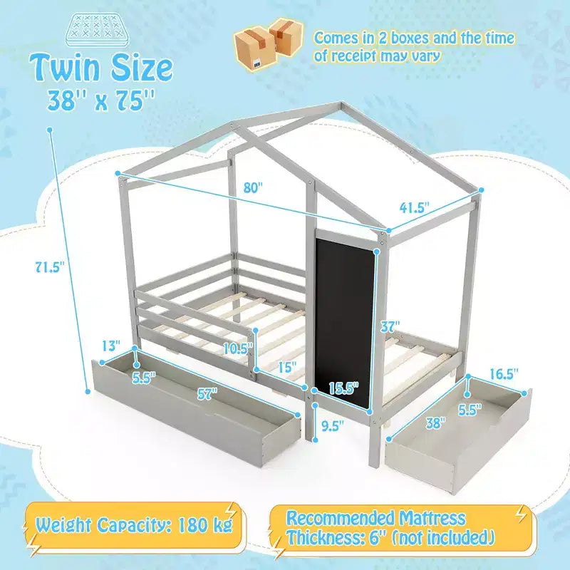 Lit cabane double Costway avec 2 tiroirs de rangement Lit plateforme en bois massif avec tableau noir Blanc/Gris