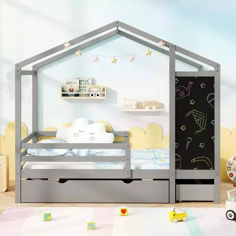 Lit cabane double Costway avec 2 tiroirs de rangement Lit plateforme en bois massif avec tableau noir Blanc/Gris