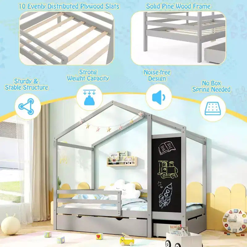 Lit cabane double Costway avec 2 tiroirs de rangement Lit plateforme en bois massif avec tableau noir Blanc/Gris