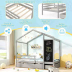 Lit cabane double Costway avec 2 tiroirs de rangement Lit plateforme en bois massif avec tableau noir Blanc/Gris