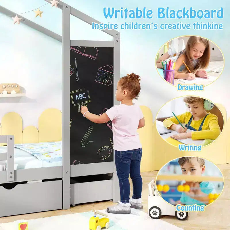 Lit cabane double Costway avec 2 tiroirs de rangement Lit plateforme en bois massif avec tableau noir Blanc/Gris