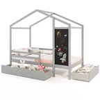 Costway Twin House Bed with 2 Storage Drawers Solid Wood Platform Bed with Blackboard White/Gray