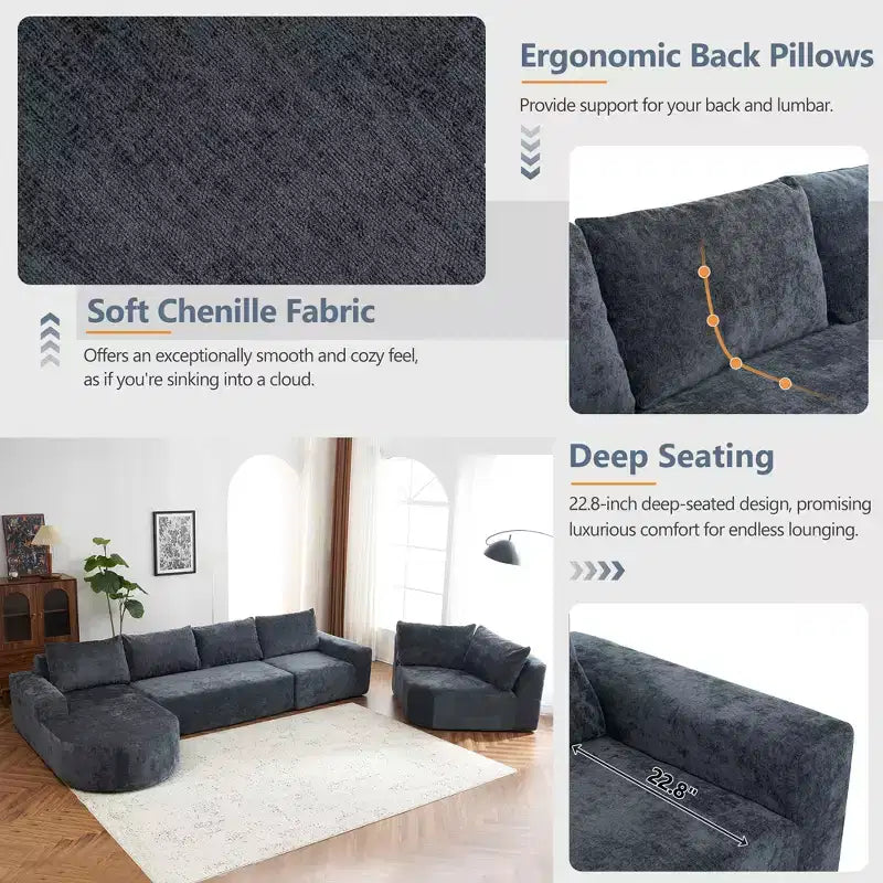 Whisen 141 Grand canapé modulable, canapé sectionnel rembourré avec assise profonde