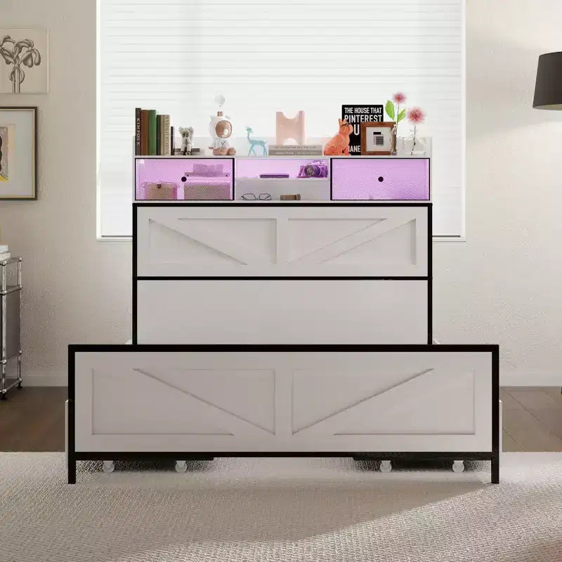 Cadre de lit contemporain Famapy White Queen – Éclairage réglable, tiroir spacieux sous le lit pour le rangement, assurant un sommeil stable et confortable