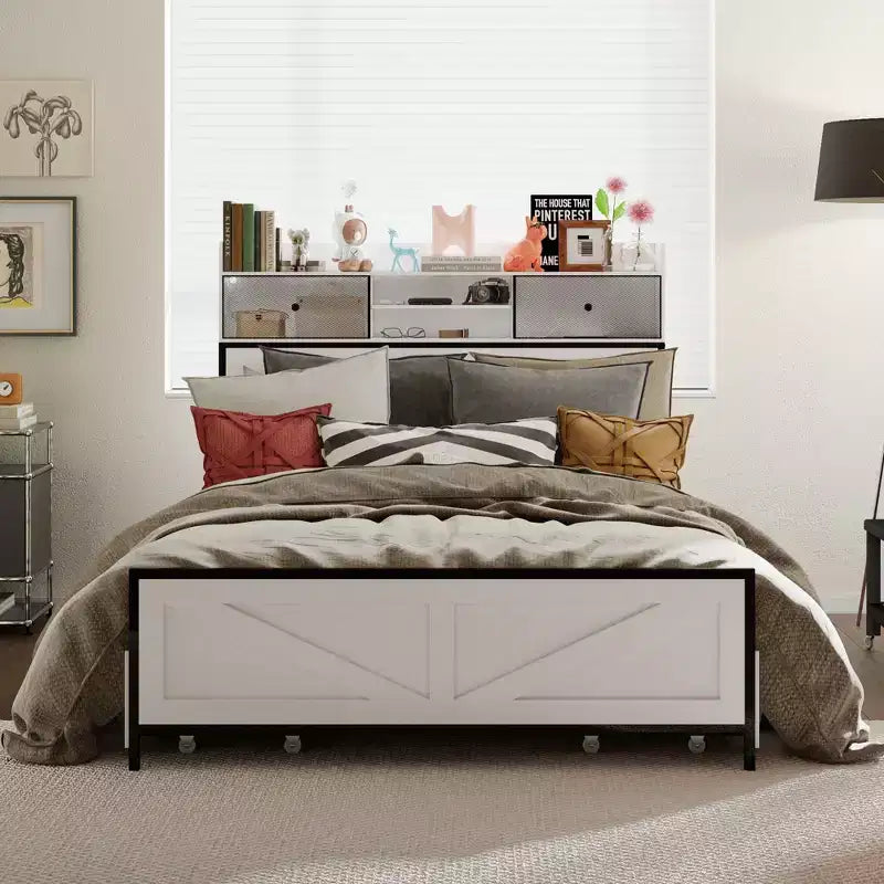 Cadre de lit contemporain Famapy White Queen – Éclairage réglable, tiroir spacieux sous le lit pour le rangement, assurant un sommeil stable et confortable