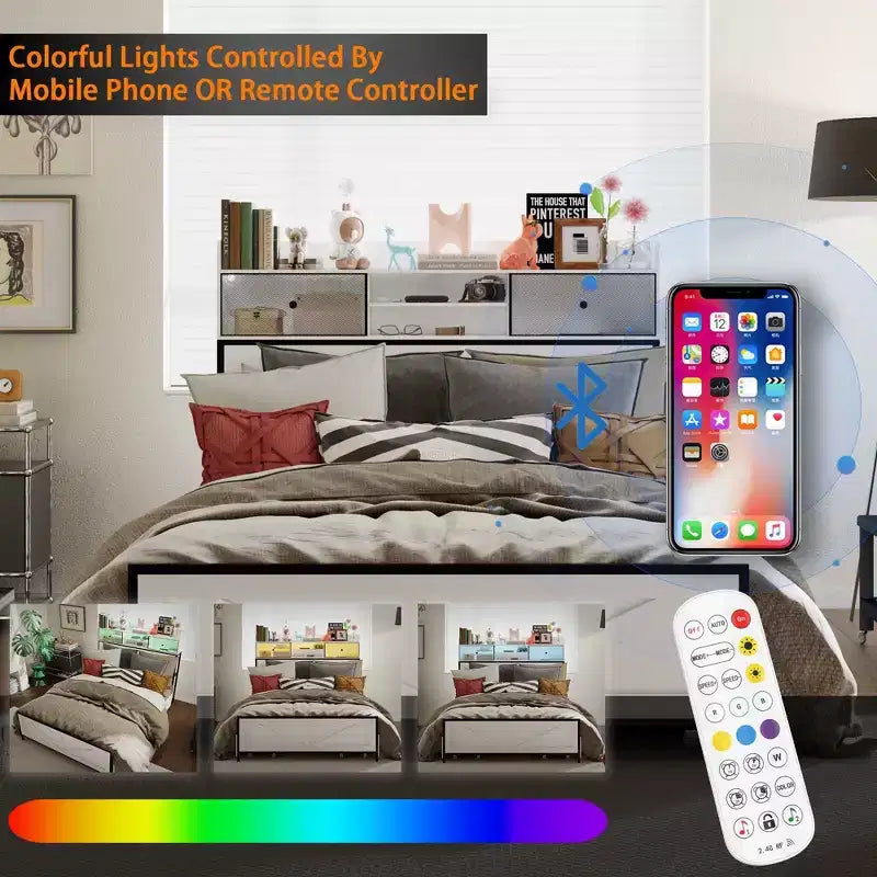 Cadre de lit contemporain Famapy White Queen – Éclairage réglable, tiroir spacieux sous le lit pour le rangement, assurant un sommeil stable et confortable