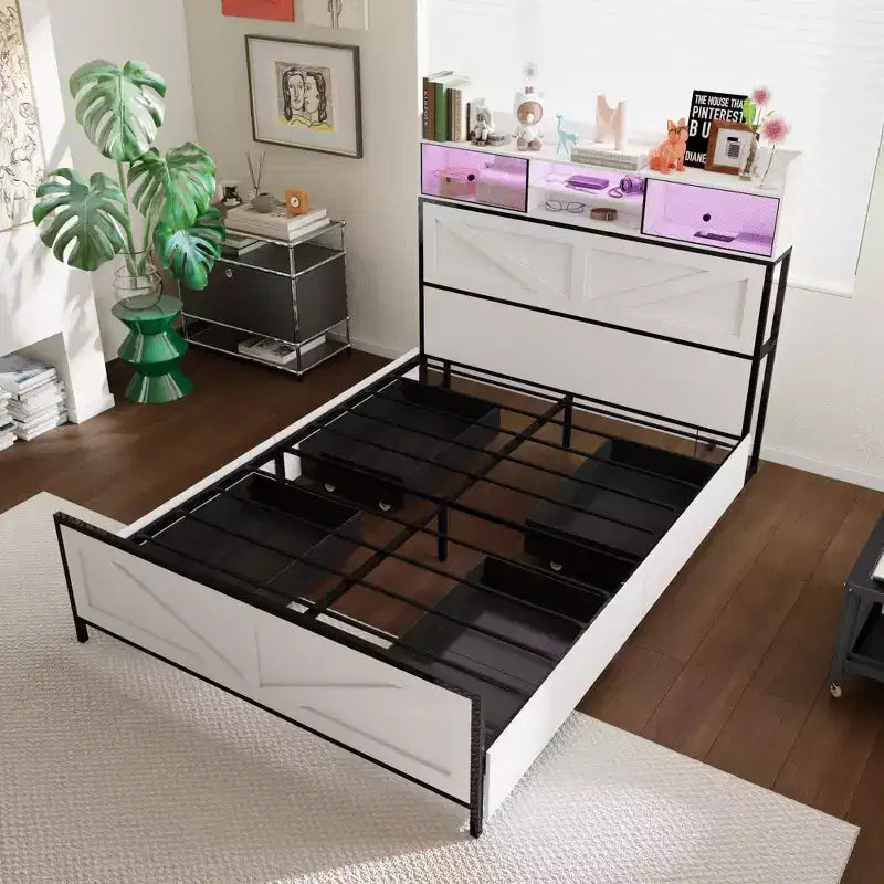 Cadre de lit contemporain Famapy White Queen – Éclairage réglable, tiroir spacieux sous le lit pour le rangement, assurant un sommeil stable et confortable