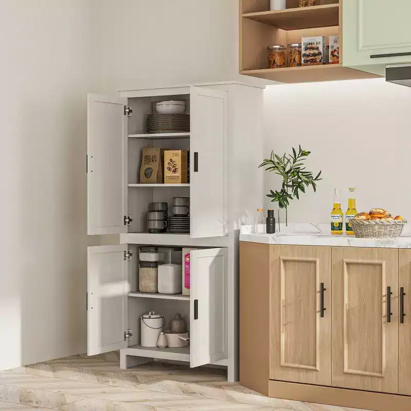 HOMCOM Meuble de Rangement de Cuisine 4 Portes 64", Buffet Autonome avec 3 Étagères Réglables pour Cuisine, Salle à Manger ou Salon, Blanc Antique
