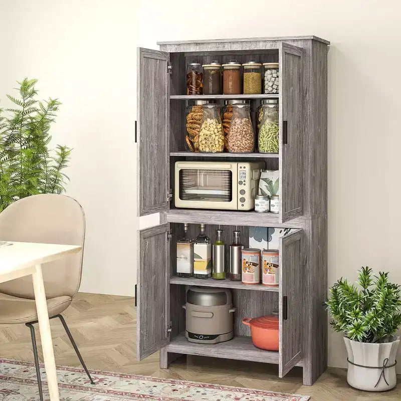 HOMCOM Garde-manger 4 portes de 162 cm, Armoire de rangement autonome avec 3 étagères réglables pour cuisine, salle à manger ou salon, Chêne gris