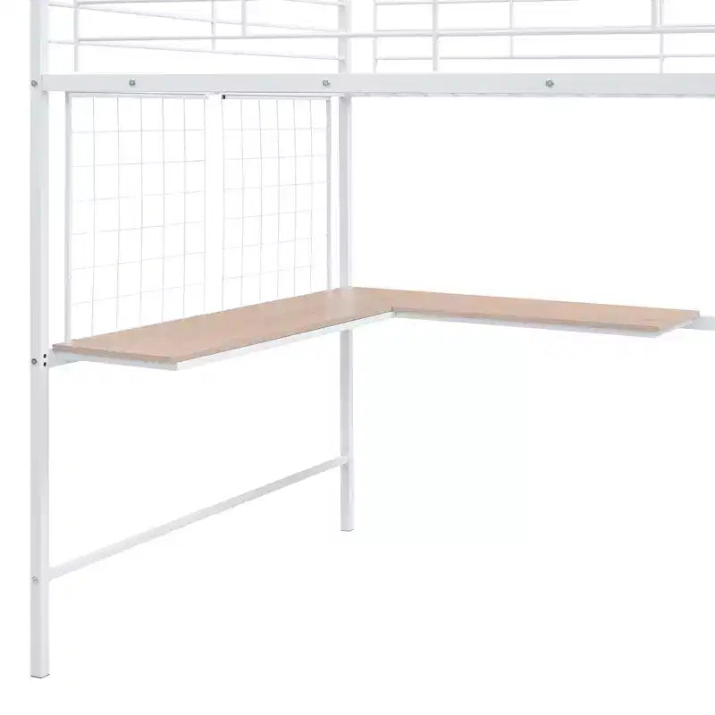 Lit mezzanine en métal double/grand format avec bureau et grille métallique, cadre de lit en métal élégant avec échelle de rangement latérale et armoire - ModernLuxe