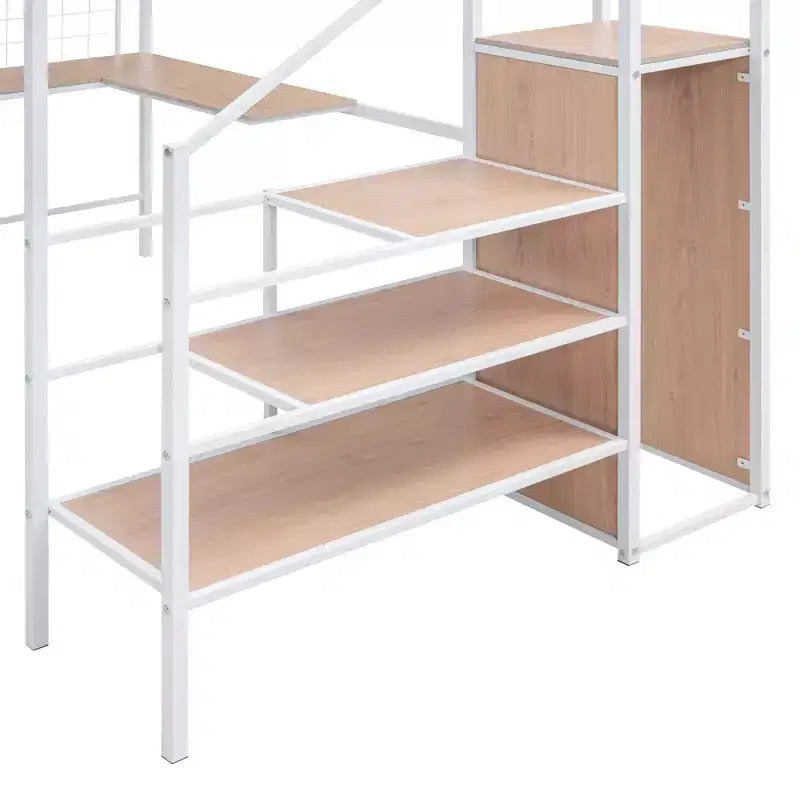 Lit mezzanine en métal double/grand format avec bureau et grille métallique, cadre de lit en métal élégant avec échelle de rangement latérale et armoire - ModernLuxe