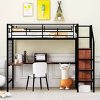Lit mezzanine en métal double/grand format avec bureau et grille métallique, cadre de lit en métal élégant avec échelle de rangement latérale et armoire - ModernLuxe