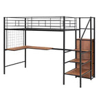 Lit mezzanine en métal double/grand format avec bureau et grille métallique, cadre de lit en métal élégant avec échelle de rangement latérale et armoire - ModernLuxe